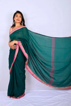 Green khadi cotton saree from Phulia handwoven with vibrant pink border and woven detailing Noolagam_3