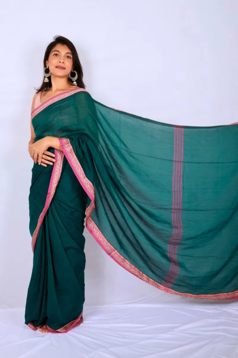 Green khadi cotton saree from Phulia handwoven with vibrant pink border and woven detailing Noolagam_3