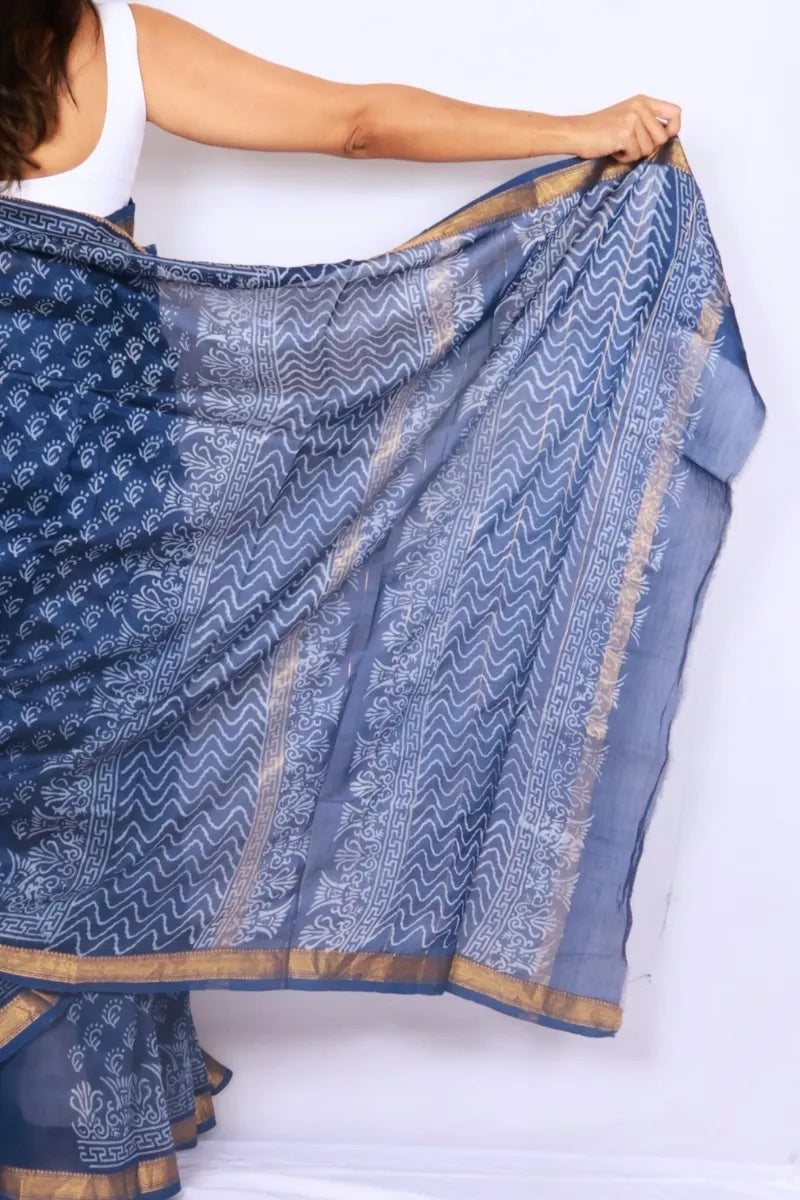 Indigo Blue Maheshwari Silk Cotton Saree with Zari Border and Woven Motifs — Noolagam_4