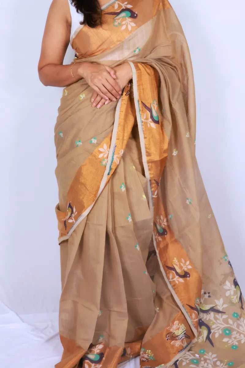 Beige and rust Phulia handloom slub cotton saree with floral motifs and rust toned border and pallu Noolagam_2