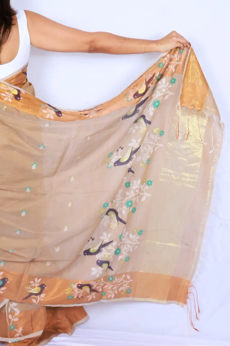 Beige and rust Phulia handloom slub cotton saree with floral motifs and rust toned border and pallu Noolagam_5