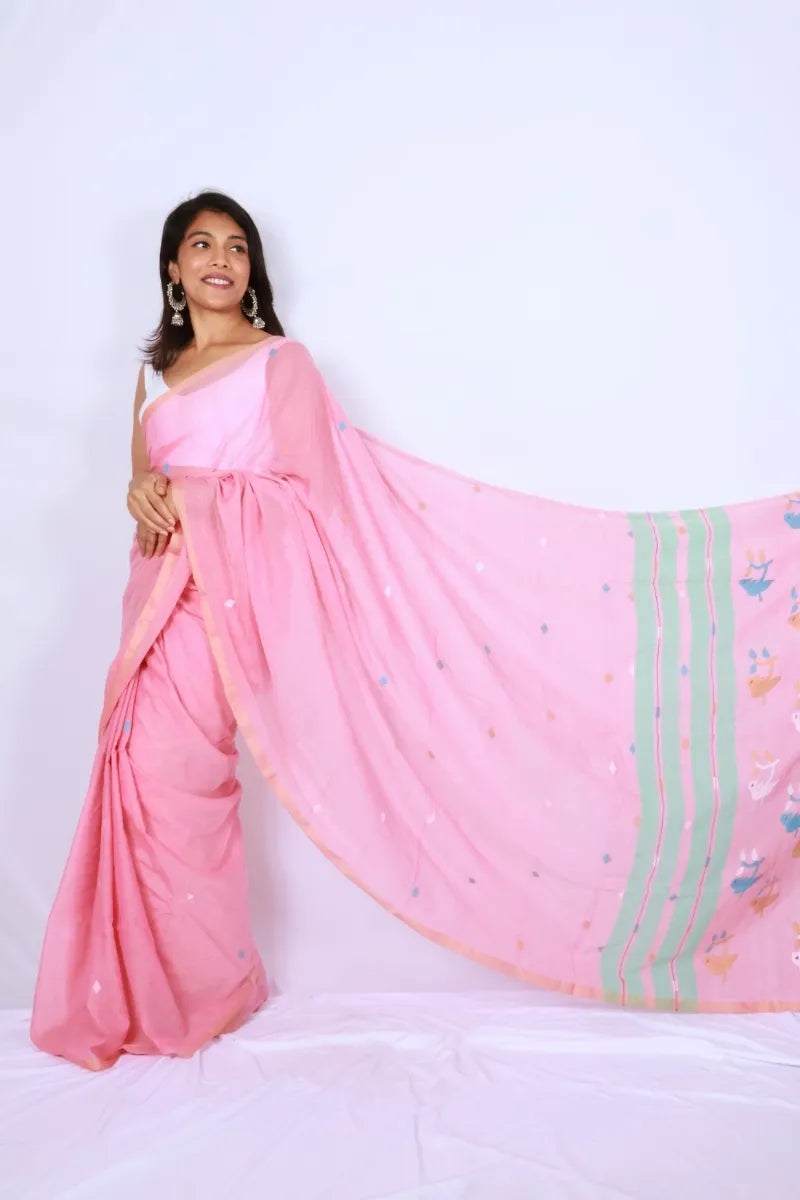Pink mul cotton saree from Phulia handwoven with mint green striped pallu and multicolour motifs Noolagam_3