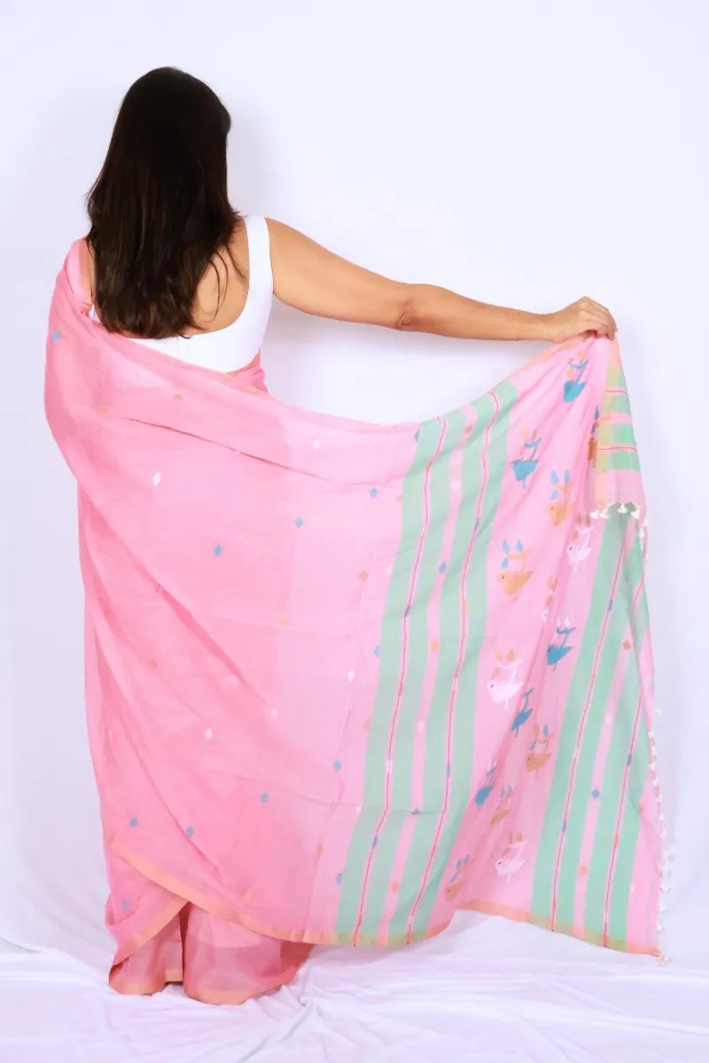 Pink mul cotton saree from Phulia handwoven with mint green striped pallu and multicolour motifs Noolagam_4