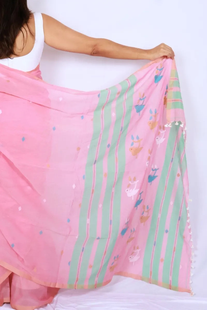 Pink mul cotton saree from Phulia handwoven with mint green striped pallu and multicolour motifs Noolagam_5