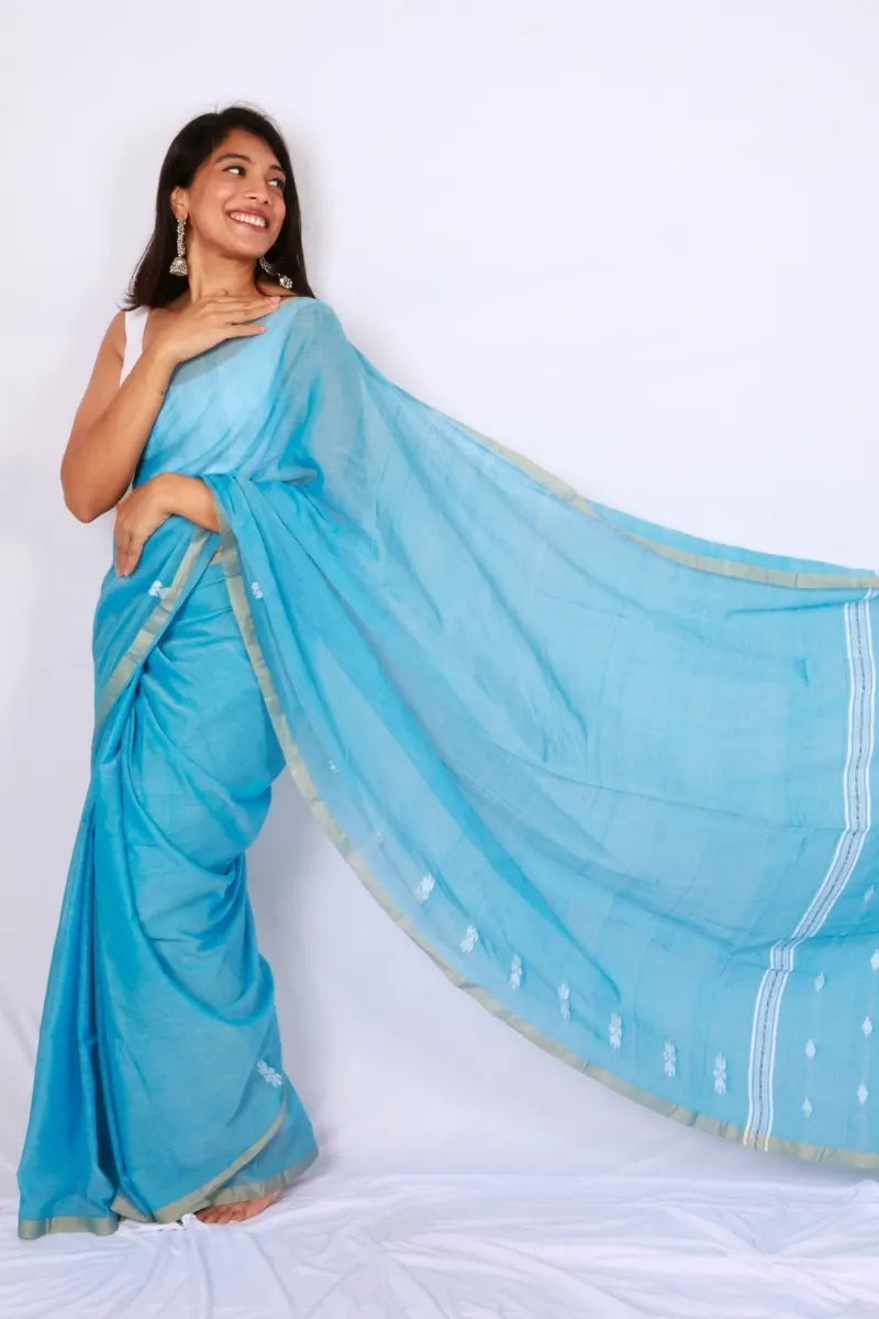 Sky blue khadi cotton saree from Phulia handwoven with delicate white motifs and contrasting border Noolagam_3