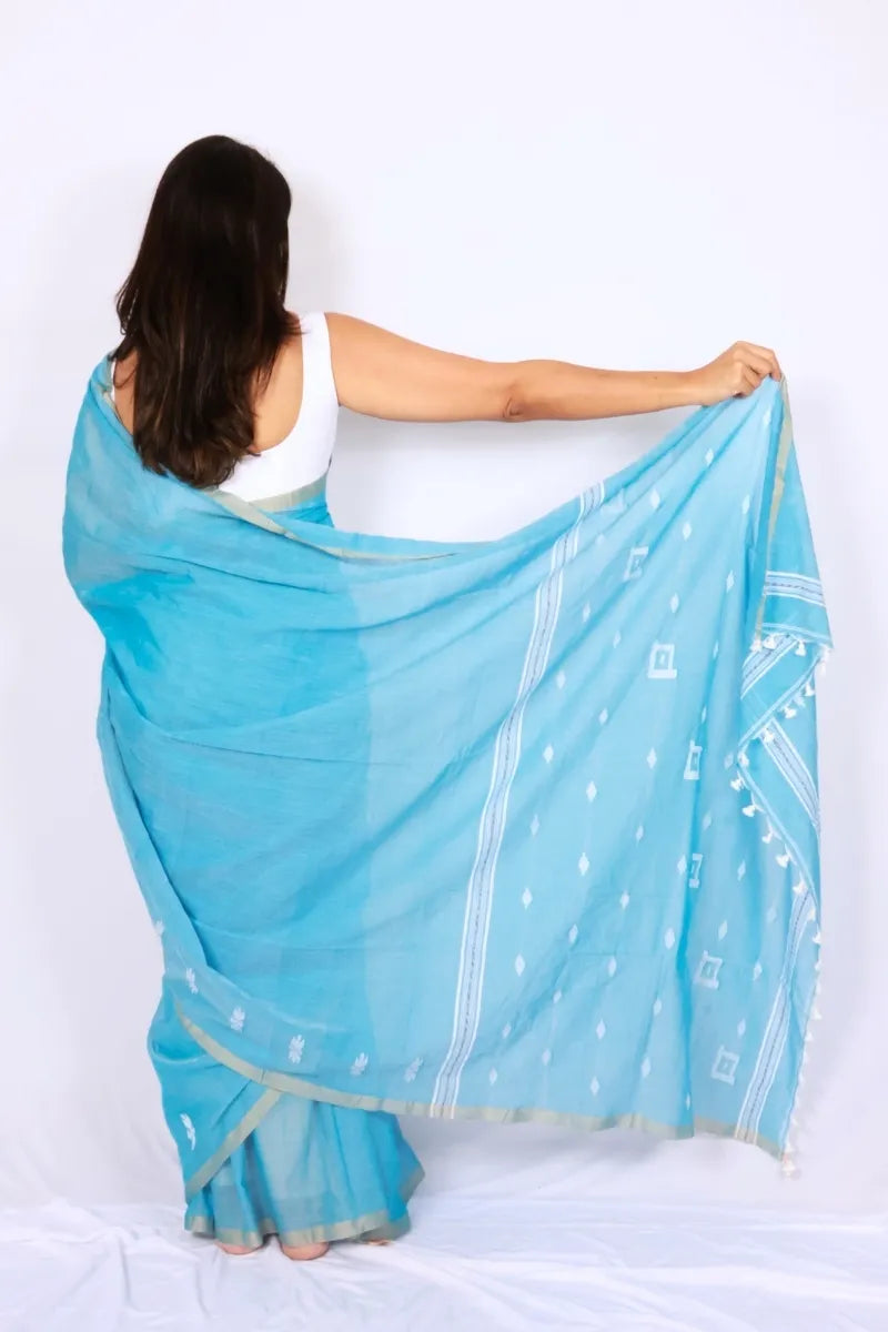 Sky blue khadi cotton saree from Phulia handwoven with delicate white motifs and contrasting border Noolagam_4