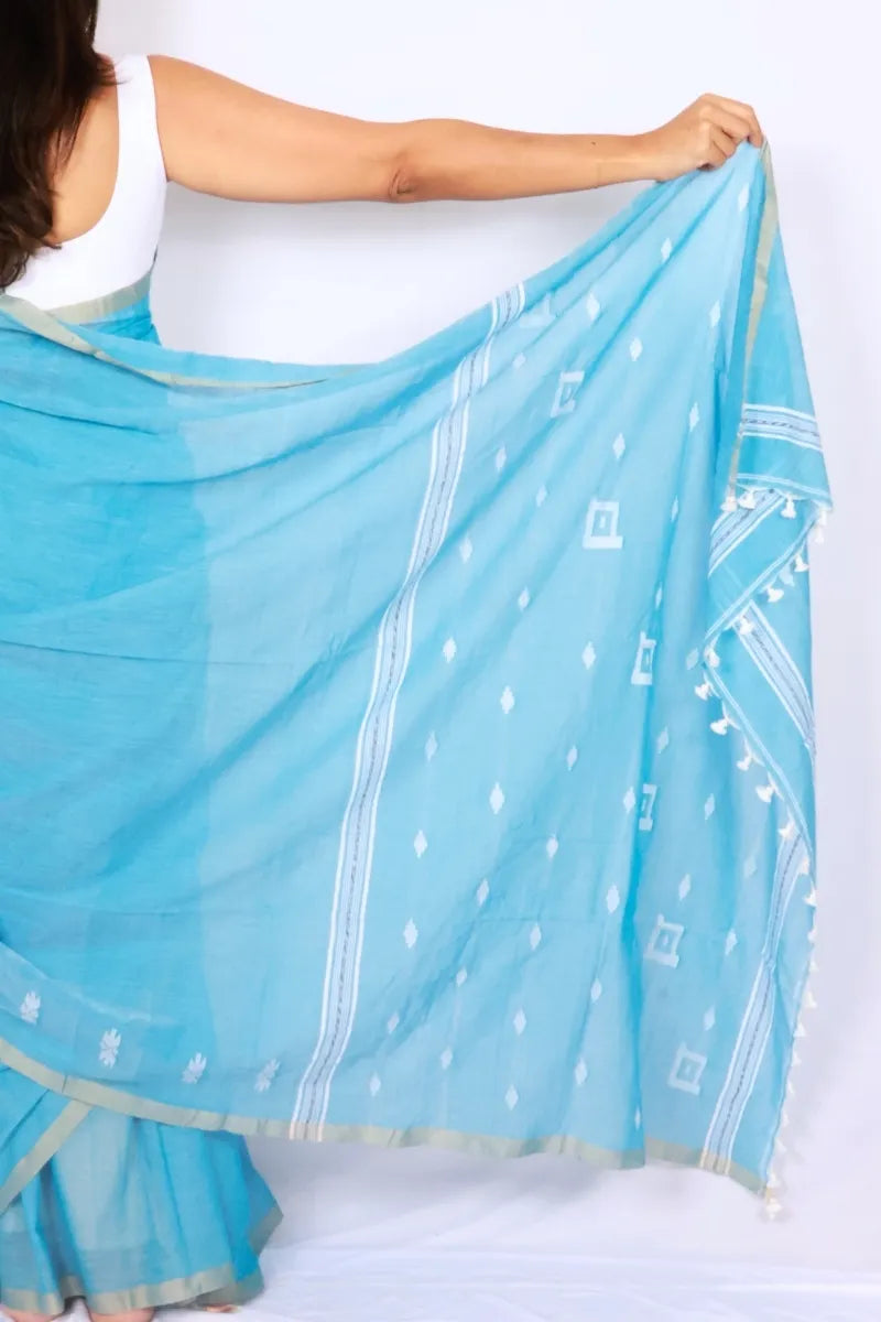 Sky blue khadi cotton saree from Phulia handwoven with delicate white motifs and contrasting border Noolagam_5