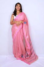 Rose pink Phulia handloom khadi cotton saree with subtle blue motifs gold accents and detailed pallu Noolagam