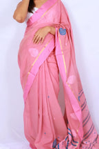 Rose pink Phulia handloom khadi cotton saree with subtle blue motifs gold accents and detailed pallu Noolagam_2