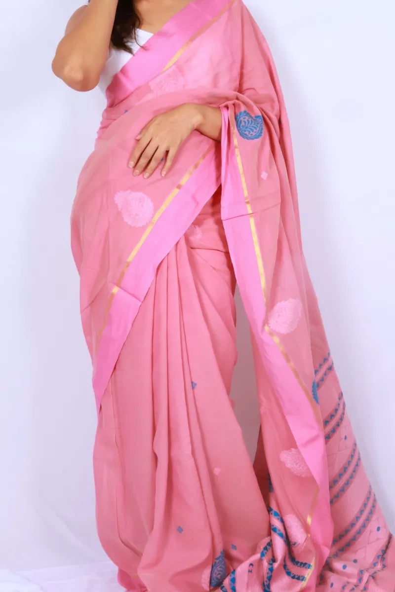 Rose pink Phulia handloom khadi cotton saree with subtle blue motifs gold accents and detailed pallu Noolagam_2