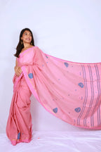 Rose pink Phulia handloom khadi cotton saree with subtle blue motifs gold accents and detailed pallu Noolagam_3