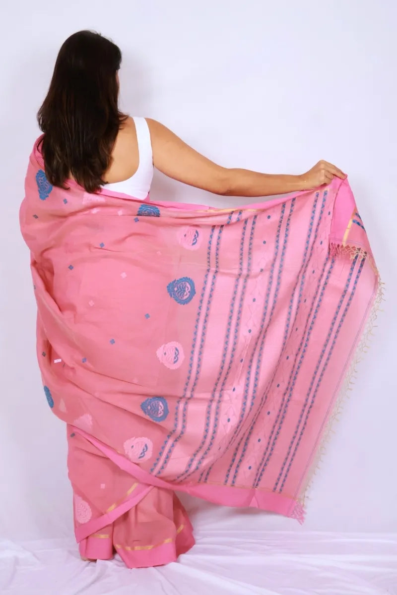 Rose pink Phulia handloom khadi cotton saree with subtle blue motifs gold accents and detailed pallu Noolagam_4