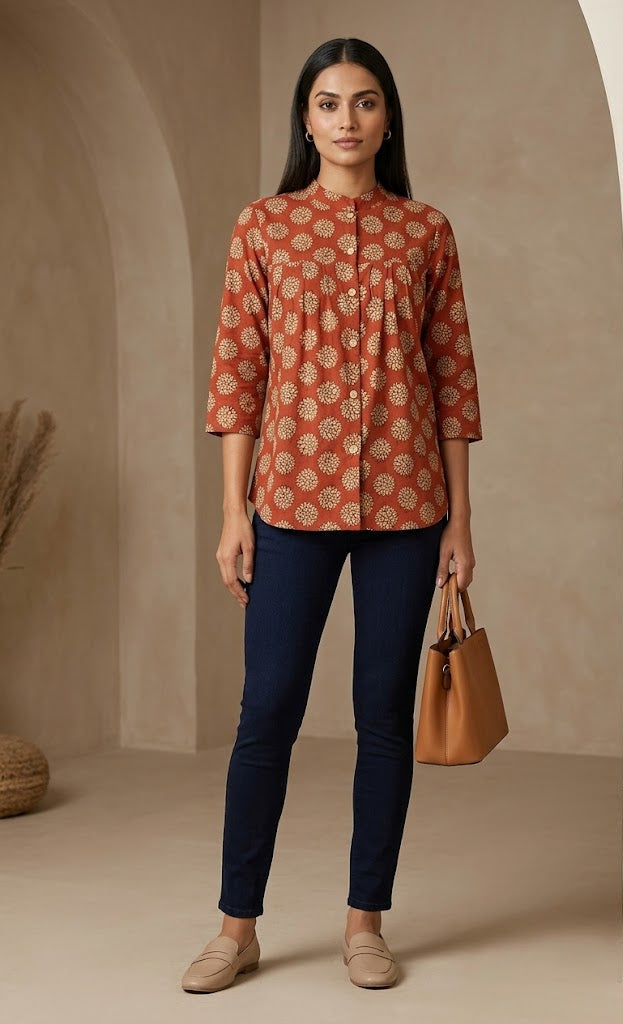 Rust Brown Hand Block Printed Cotton Top