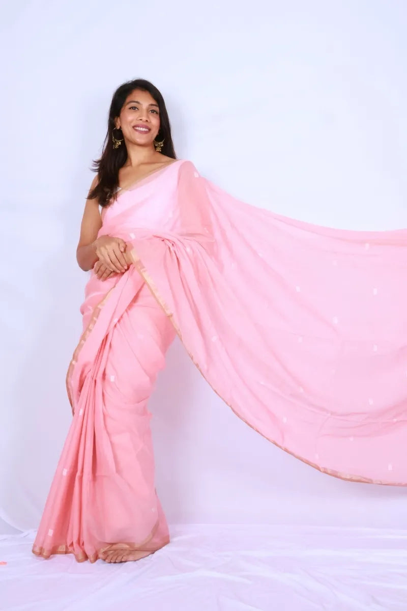 Blush pink khadi cotton saree from Phulia handwoven with delicate white motifs and gold border Noolagam_3