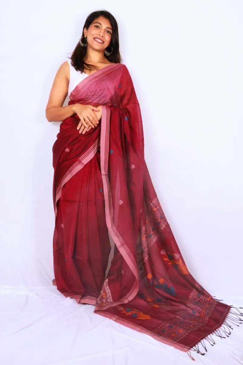 Maroon khadi cotton saree from Phulia handwoven with contrasting pink border in West Bengal Noolagam