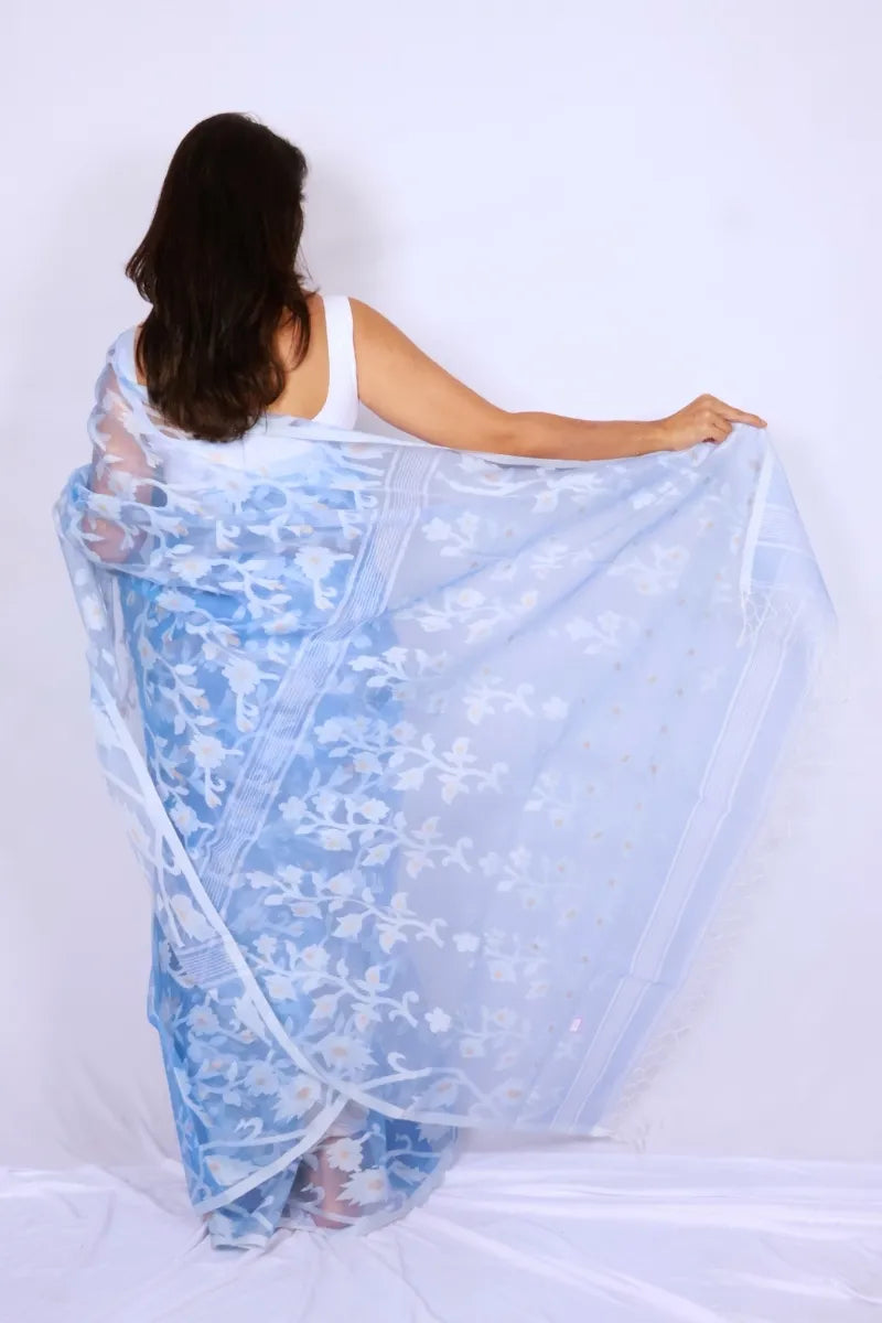Sky blue Phulia muslin art silk Jamdani saree with delicate white floral motifs handwoven in West Bengal Noolagam_4