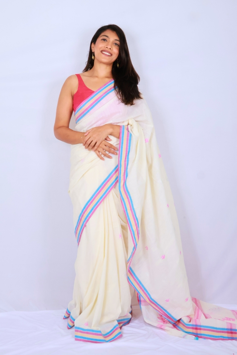 Handloom Mul Cotton Saree - Ivory with Pink & Sky Blue Border