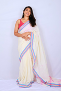 Handloom Mul Cotton Saree - Ivory with Pink & Sky Blue Border