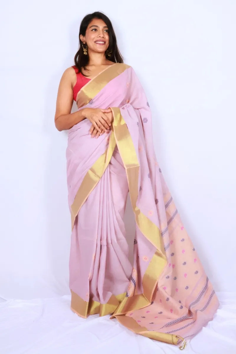 Blush pink Phulia handloom khadi cotton saree with lustrous gold border and delicate motifs Noolagam