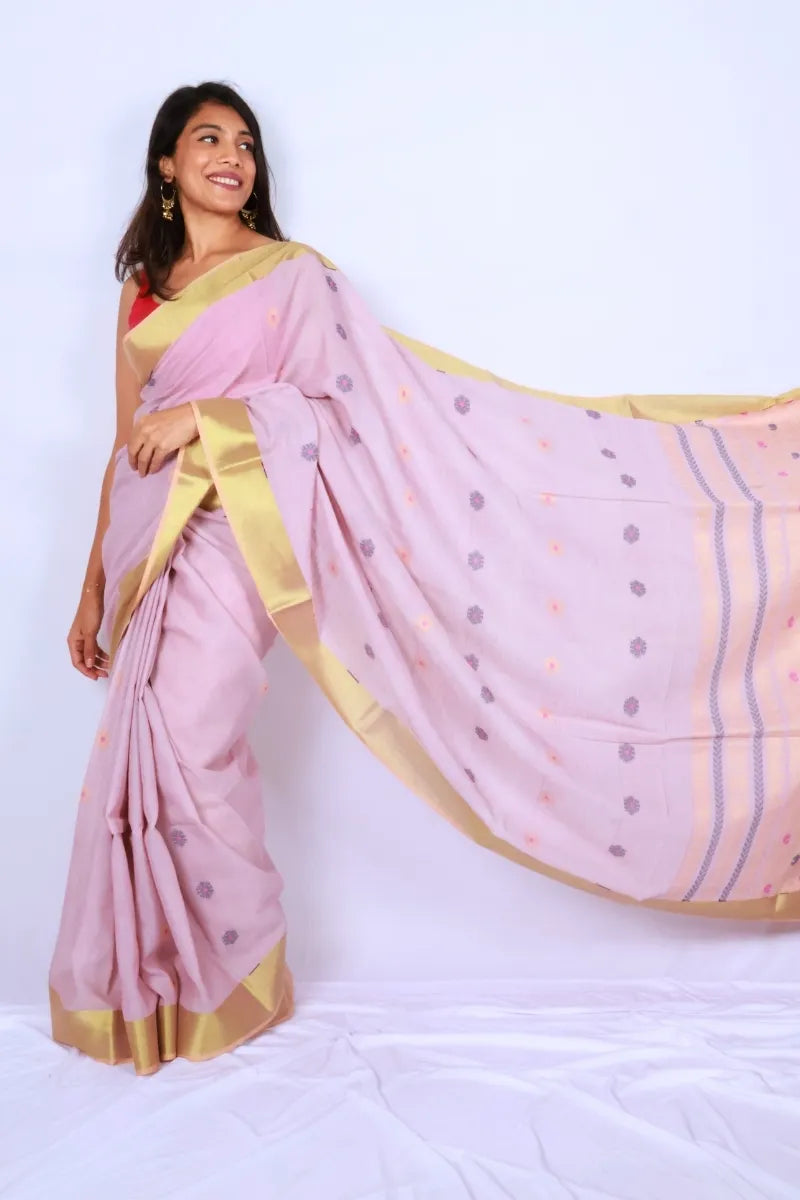 Blush pink Phulia handloom khadi cotton saree with lustrous gold border and delicate motifs Noolagam_3