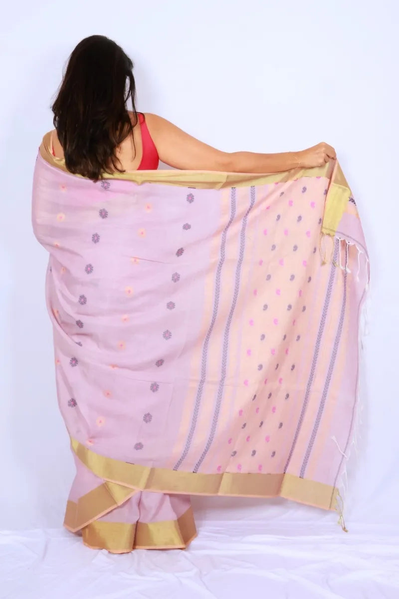 Blush pink Phulia handloom khadi cotton saree with lustrous gold border and delicate motifs Noolagam_4