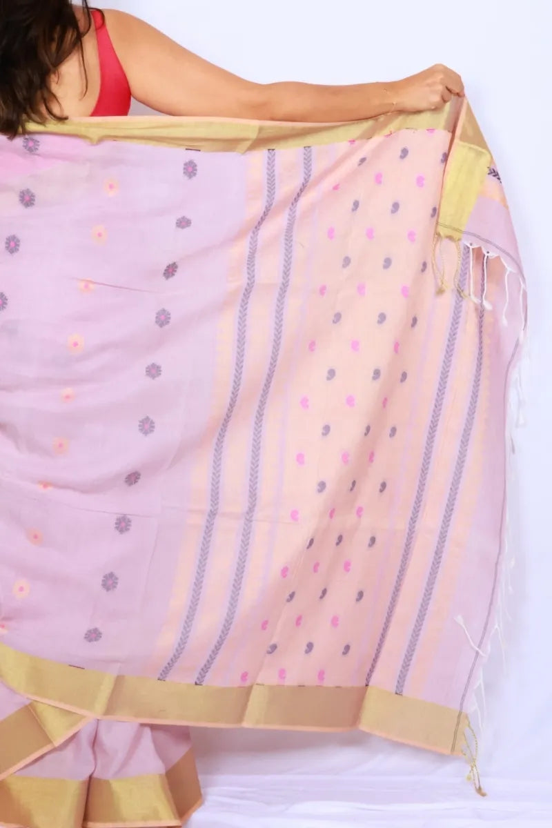 Blush pink Phulia handloom khadi cotton saree with lustrous gold border and delicate motifs Noolagam_5