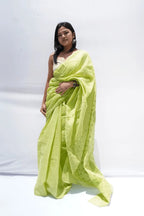 Cotton Chikankari Saree in lime green with Lucknow hand embroidery on borders – Noolagam_1