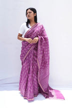 Maheshwari cotton silk Bagru hand block printed saree in coral orange floral – Noolagam_1