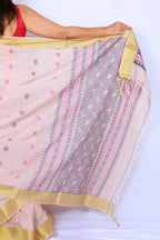 Powder pink Phulia handloom khadi cotton saree with golden border scattered motifs and grey pink pallu Noolagam_5