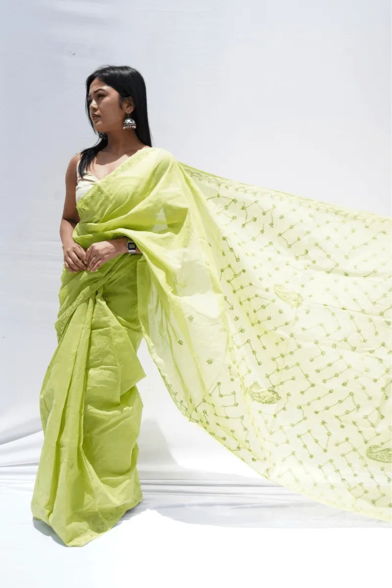 Cotton Chikankari Saree in lime green with Lucknow hand embroidery on borders – Noolagam_3