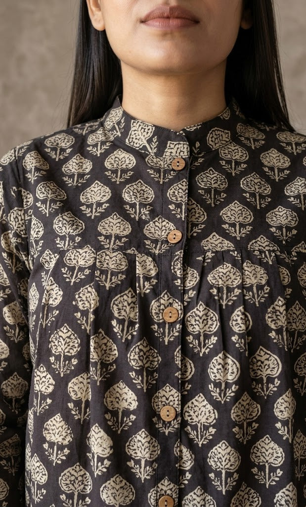 Black & Beige Hand Block Printed Cotton Top