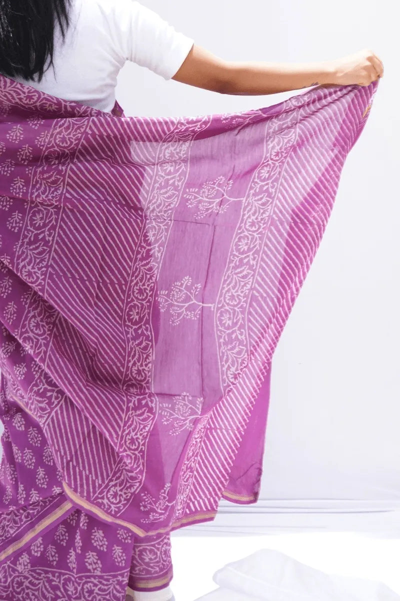 Maheshwari cotton silk Bagru hand block printed saree in coral orange floral – Noolagam_5