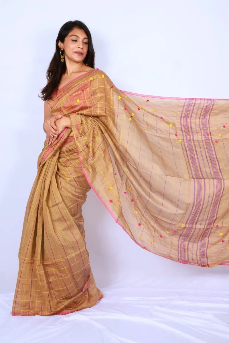 Gold brown and pink Phulia handloom slub cotton saree with fine check detailing and tassel embellishments Noolagam_3