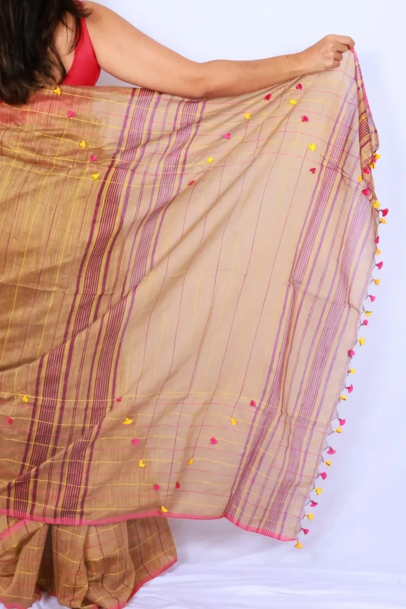 Gold brown and pink Phulia handloom slub cotton saree with fine check detailing and tassel embellishments Noolagam_5