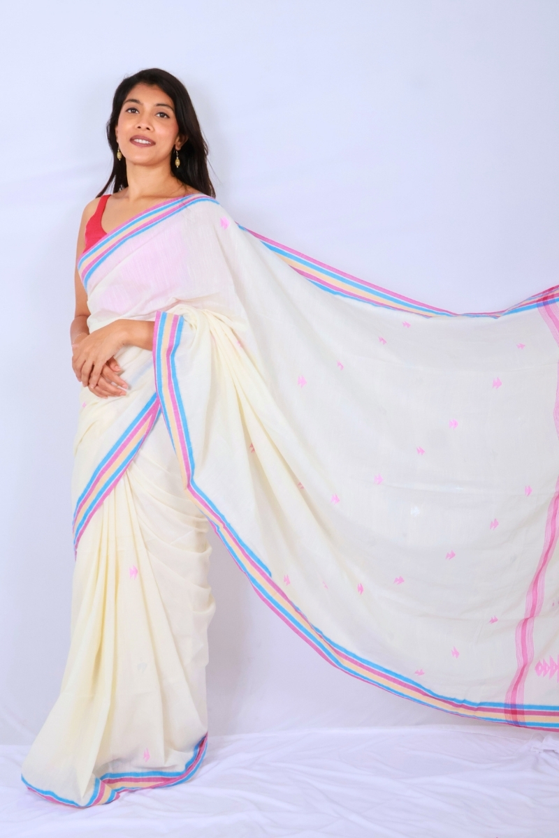 Handloom Mul Cotton Saree - Ivory with Pink & Sky Blue Border