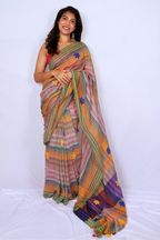 Handwoven Phulia Mul Cotton Saree with Floral Appliqué – Multicolour Stripes
