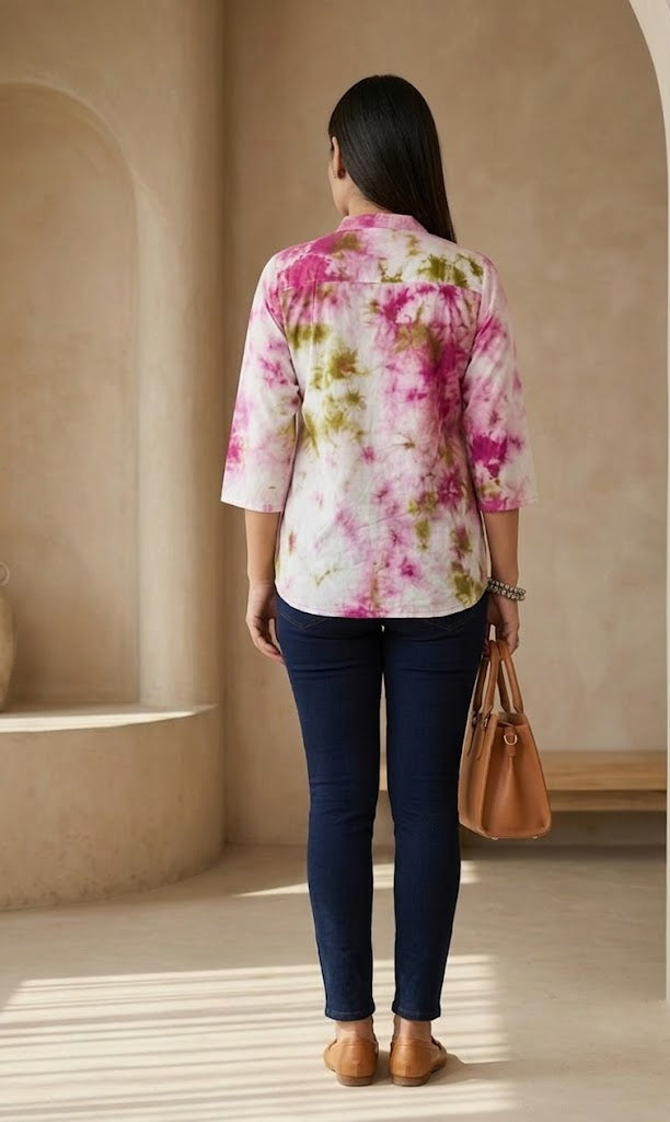 Pink, Olive & Ivory Tie-Dye Cotton Top
