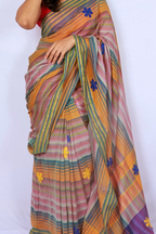 Handwoven Phulia Mul Cotton Saree with Floral Appliqué – Multicolour Stripes
