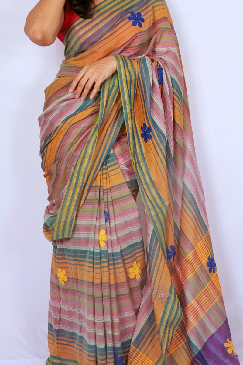 Handwoven Phulia Mul Cotton Saree with Floral Appliqué – Multicolour Stripes