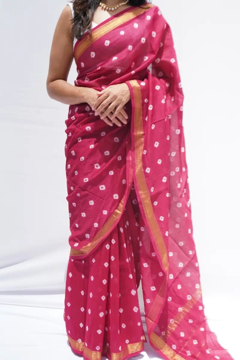 Maheshwari Silk Cotton Bandhani Saree a Rani Pink