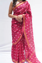 Maheshwari Silk Cotton Bandhani Saree a Rani Pink
