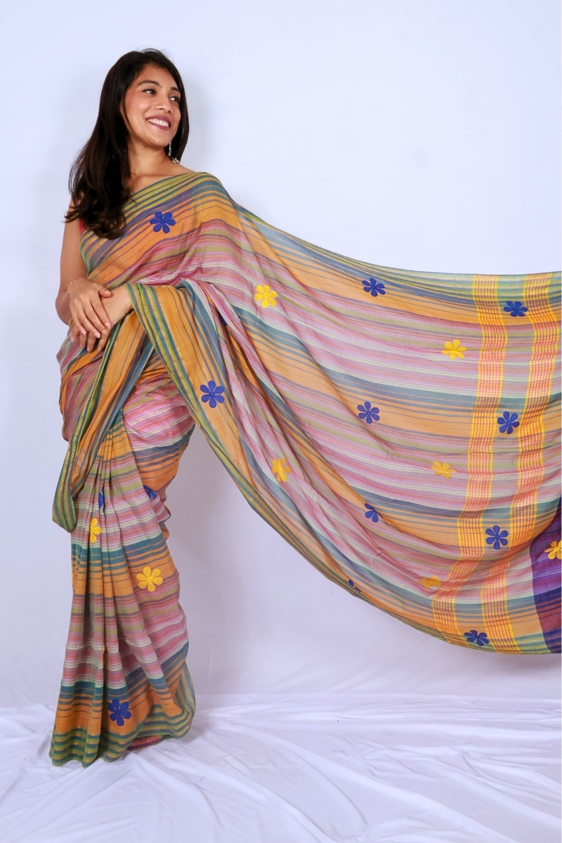 Handwoven Phulia Mul Cotton Saree with Floral Appliqué – Multicolour Stripes