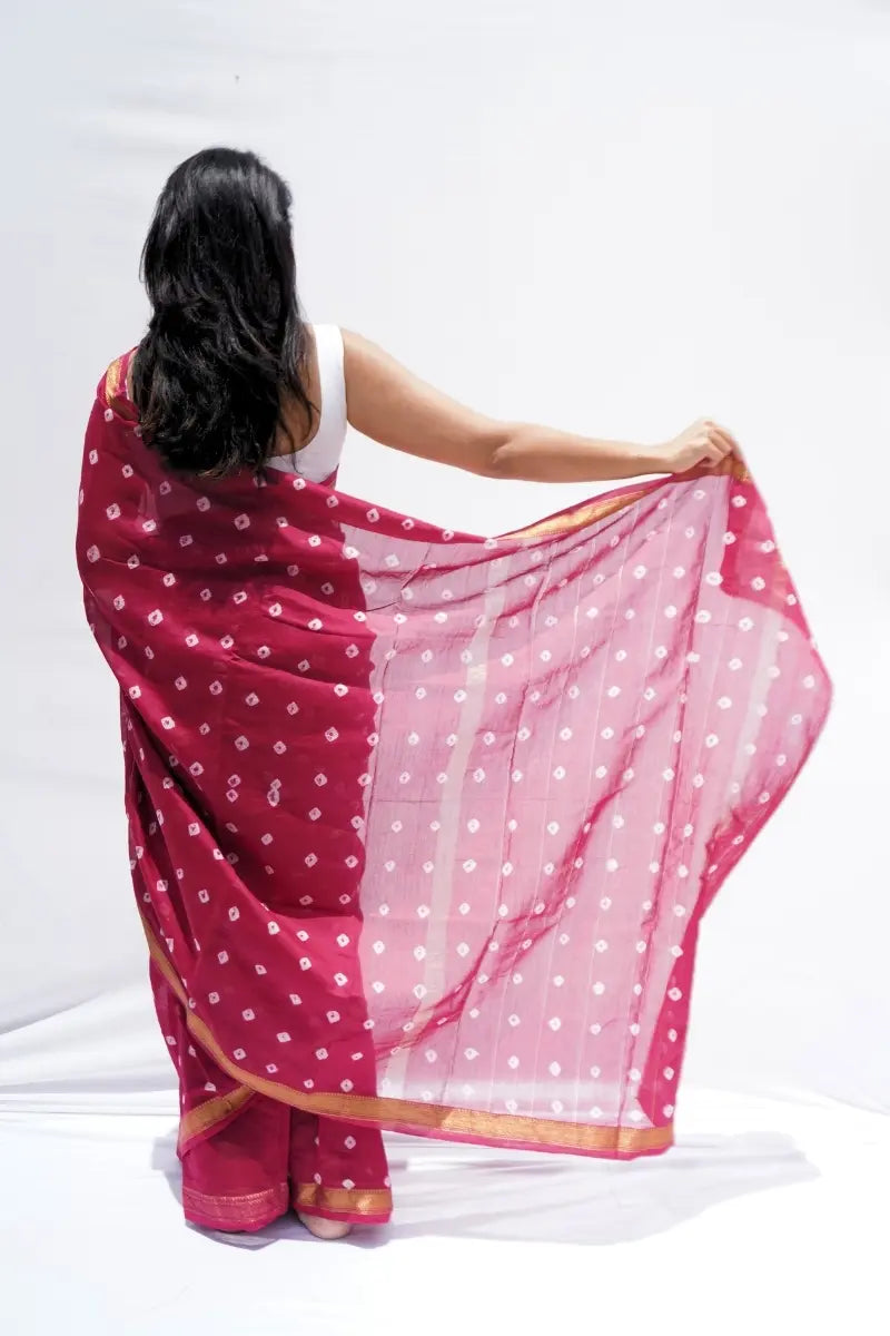 Maheshwari Silk Cotton Bandhani Saree a Rani Pink