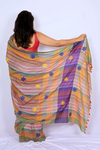 Handwoven Phulia Mul Cotton Saree with Floral Appliqué – Multicolour Stripes