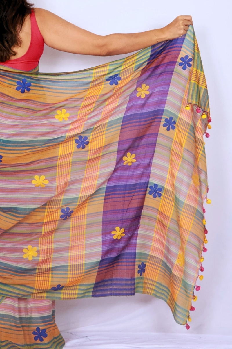 Handwoven Phulia Mul Cotton Saree with Floral Appliqué – Multicolour Stripes