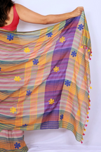 Handwoven Phulia Mul Cotton Saree with Floral Appliqué – Multicolour Stripes