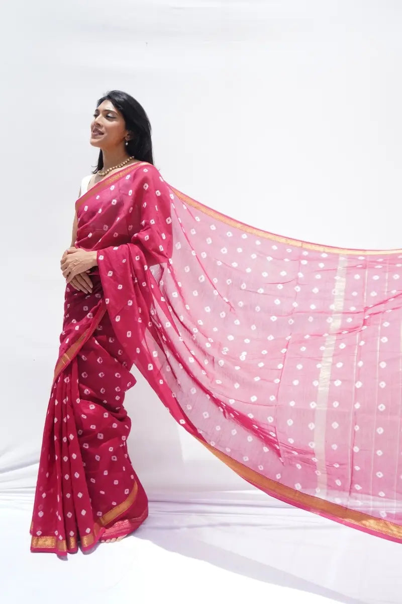 Maheshwari Silk Cotton Bandhani Saree a Rani Pink
