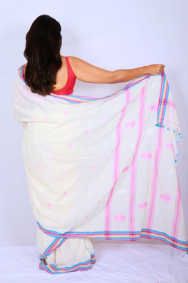 Handloom Mul Cotton Saree - Ivory with Pink & Sky Blue Border