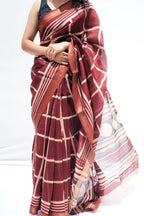 Maheshwari cotton silk saree in burgundy windowpane checks with zari border – Noolagam-3