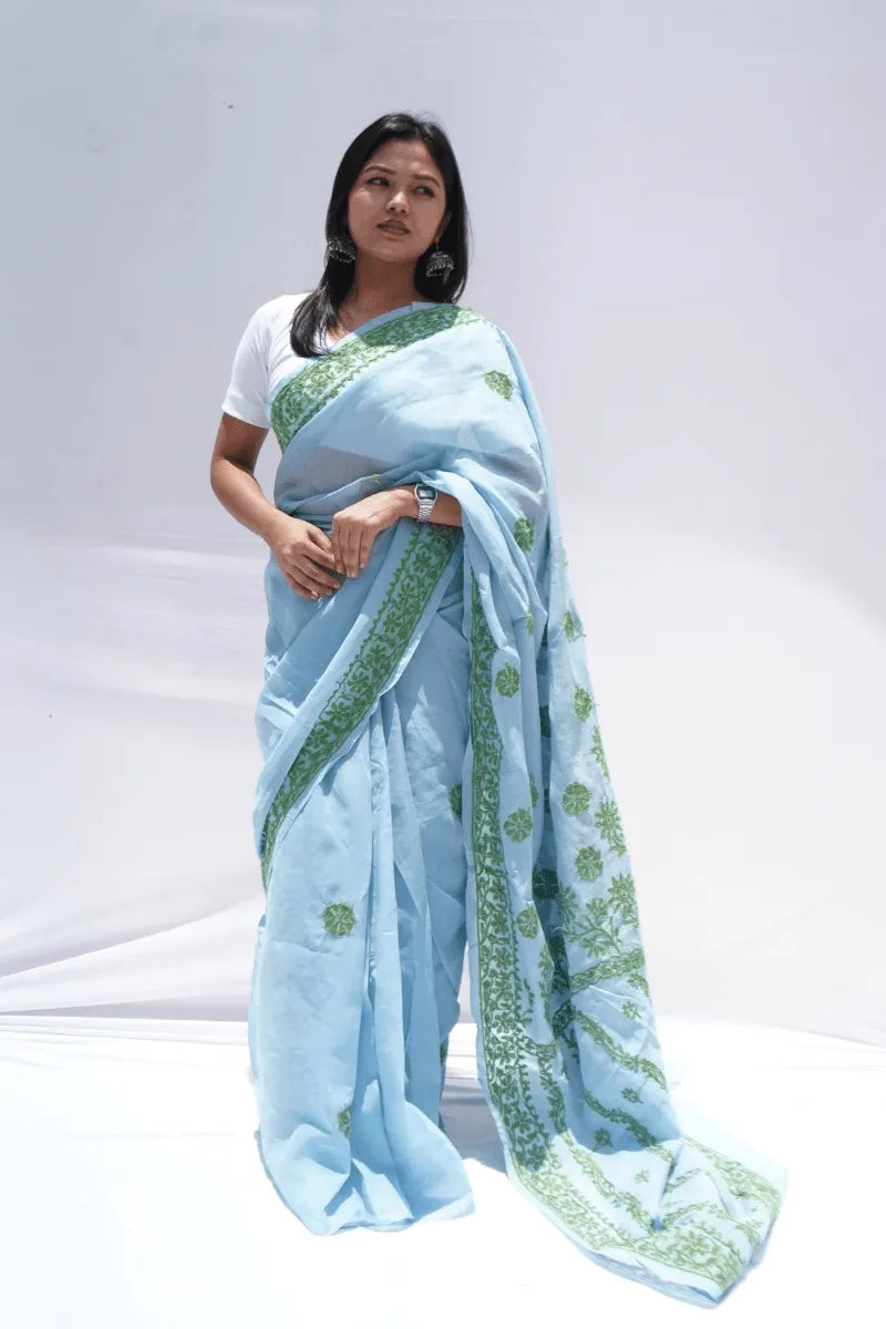 Handwoven Chanderi cotton saree with Chikankari embroidery in sage green – Noolagam_1